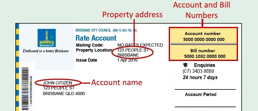 Image depicting the location of the property owner and location as well as account and bill number on a printed rates account